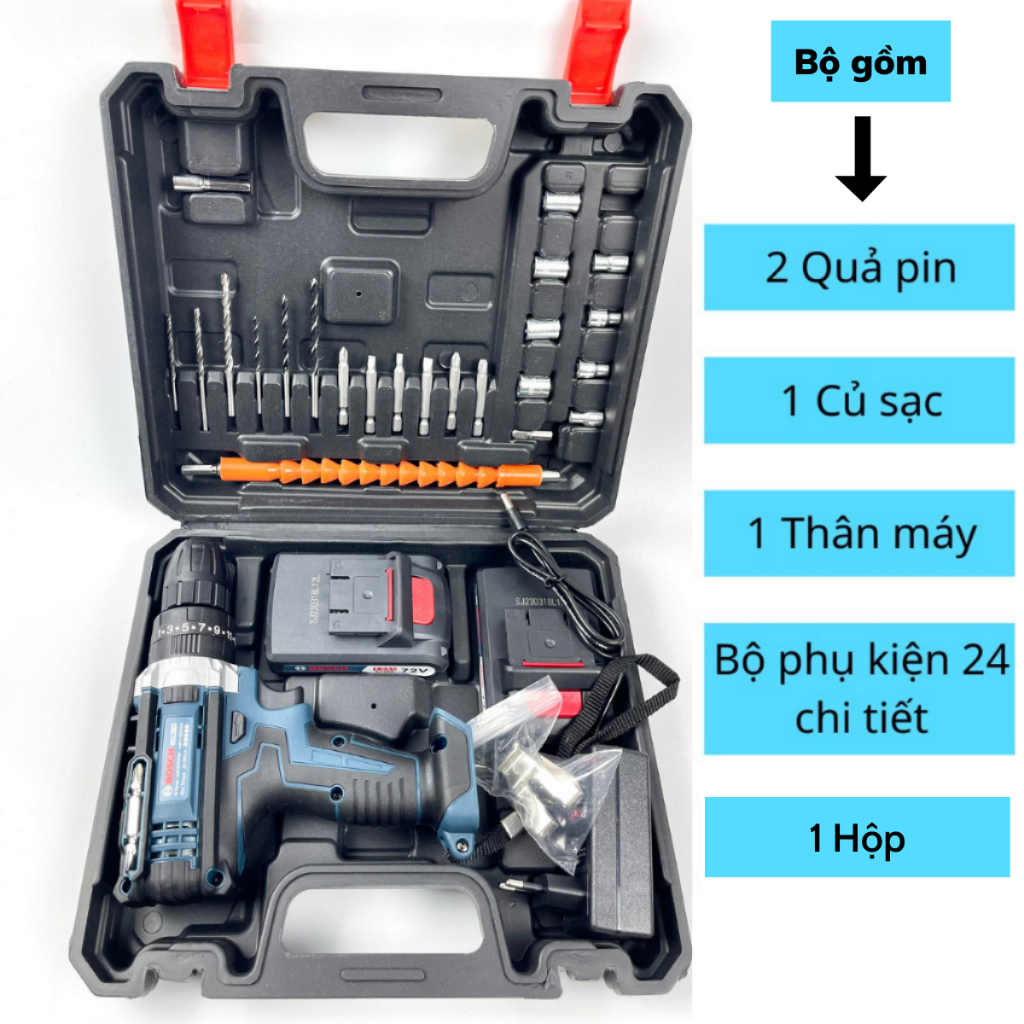 Máy khoan pin Bosch 72v, máy khoan cầm tay 3 chức năng có búa tặng bộ phụ kiện 24 chi tiết
