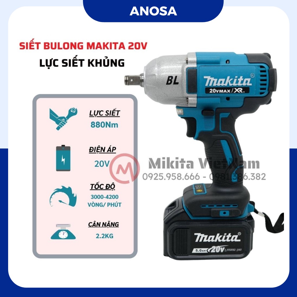 Máy siết bulong Makita 20v lực siết 880N.m động cơ không chổi than tặng đầu khẩu và đầu chuyển vít
