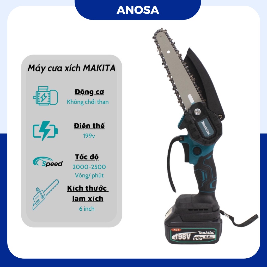 Máy cưa xích cầm tay, máy cưa mini dùng pin Makita 199v không chổi than, pin khủng 10cell cưa gỗ cầm tay máy siêu khỏe