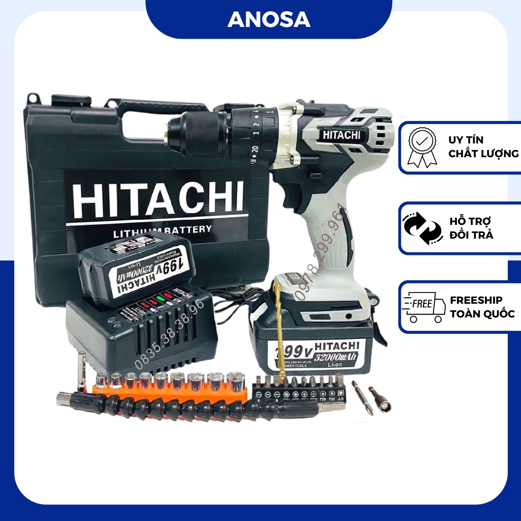 Máy khoan pin Hitachi 199v cầm tay, 3 chức năng có búa, động cơ không chổi than kèm bộ phụ kiện