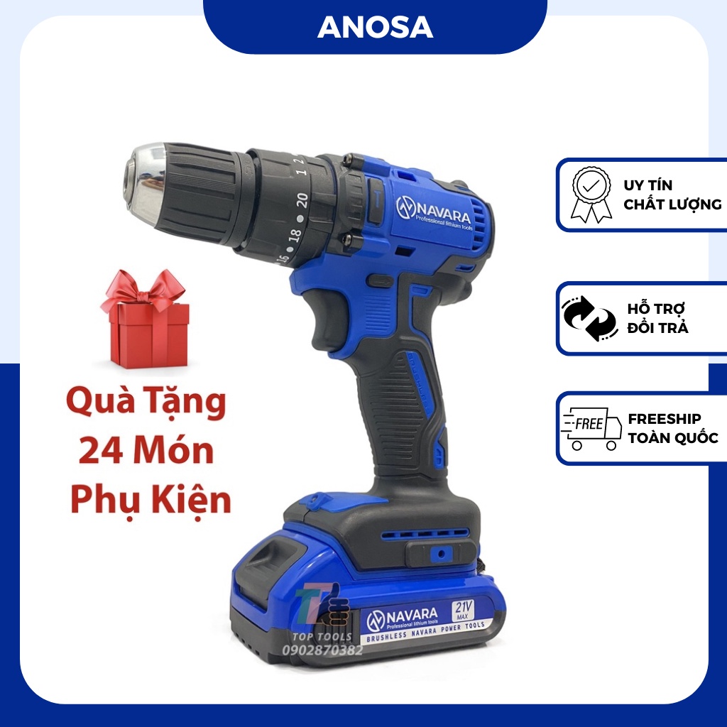 Máy khoan pin, may khoan pin Navara 7005 động cơ không chổi than tặng kèm bộ phụ kiện 24 chi tiết