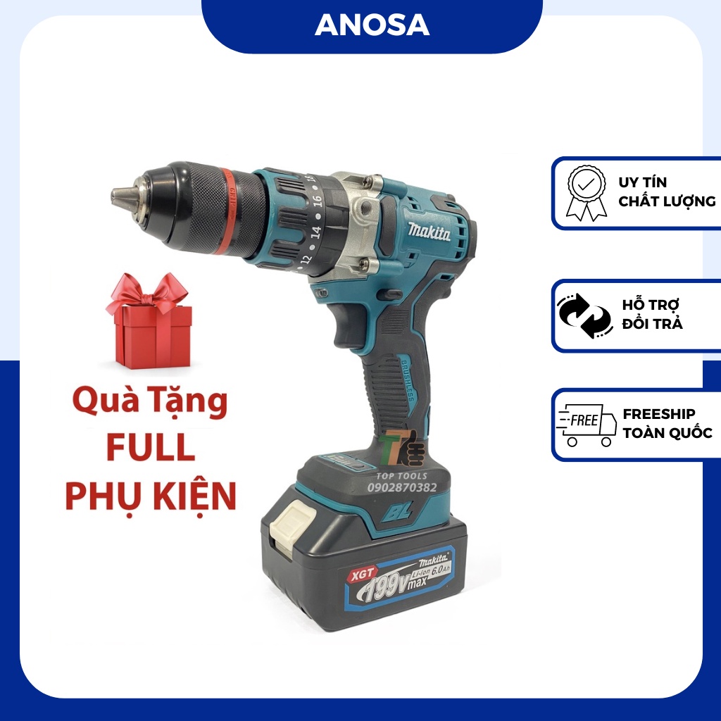 Máy khoan pin Makita không chổi than sử dụng chân Pin thông dụng, Đầu kẹp autolock