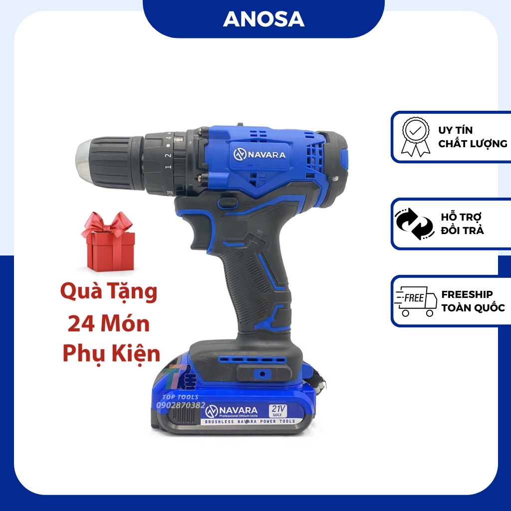 Máy khoan pin Navara 7006 tặng kèm bộ phụ kiện 24 chi tiết, pin 21v 5 cell