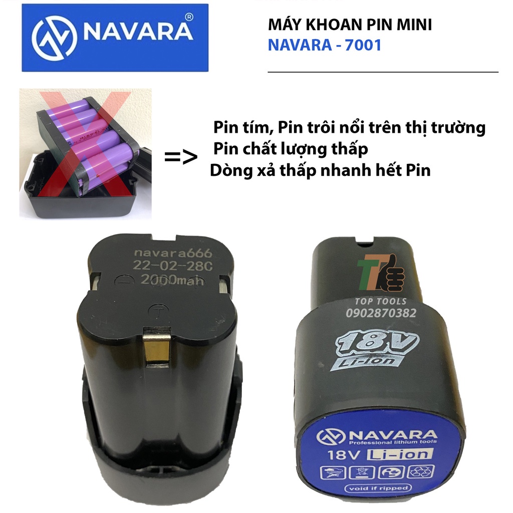 Máy khoan pin Navara 7001 động cơ không chổi than pin 18v