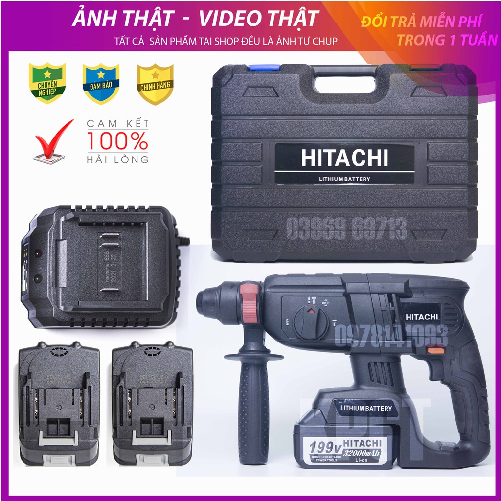 Máy khoan bê tông pin Hitachi 199v động cơ không chổi than, khoan bê tông 3 chức năng hàng cao cấp, bảo hành 12 tháng
