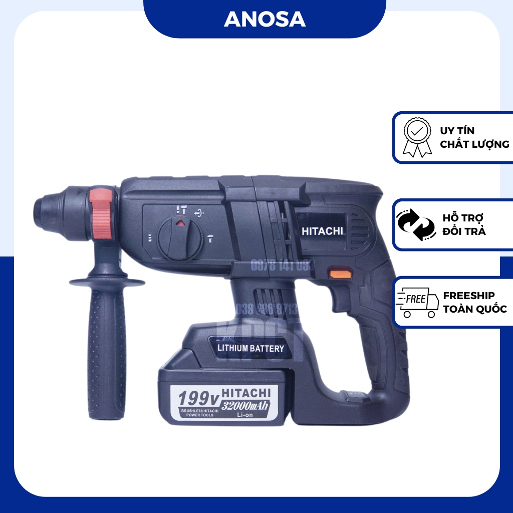 Máy khoan bê tông pin Hitachi 199v động cơ không chổi than, khoan bê tông 3 chức năng hàng cao cấp, bảo hành 12 tháng