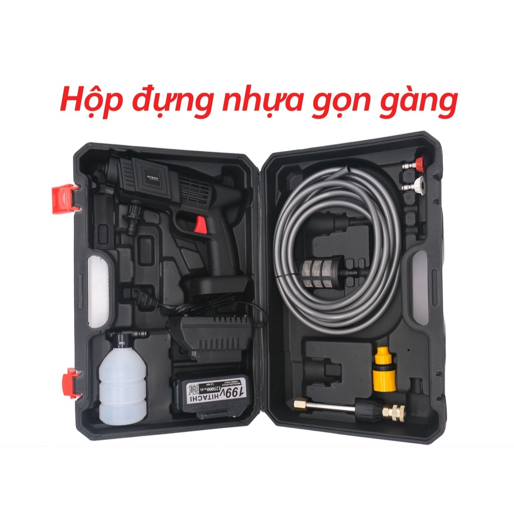 Máy rửa xe dùng pin mini, máy xịt rửa tăng áp Hitachi 199v cao cấp