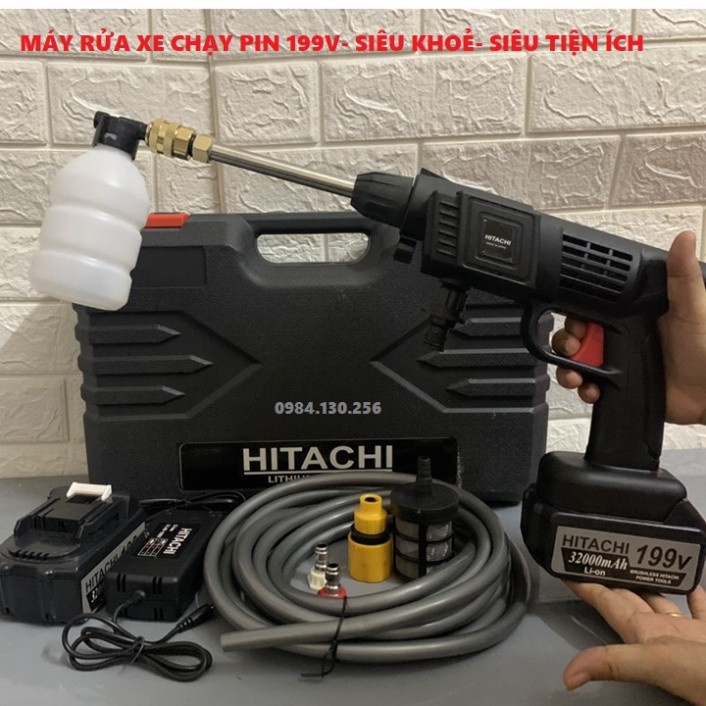 Máy rửa xe dùng pin mini, máy xịt rửa tăng áp Hitachi 199v cao cấp