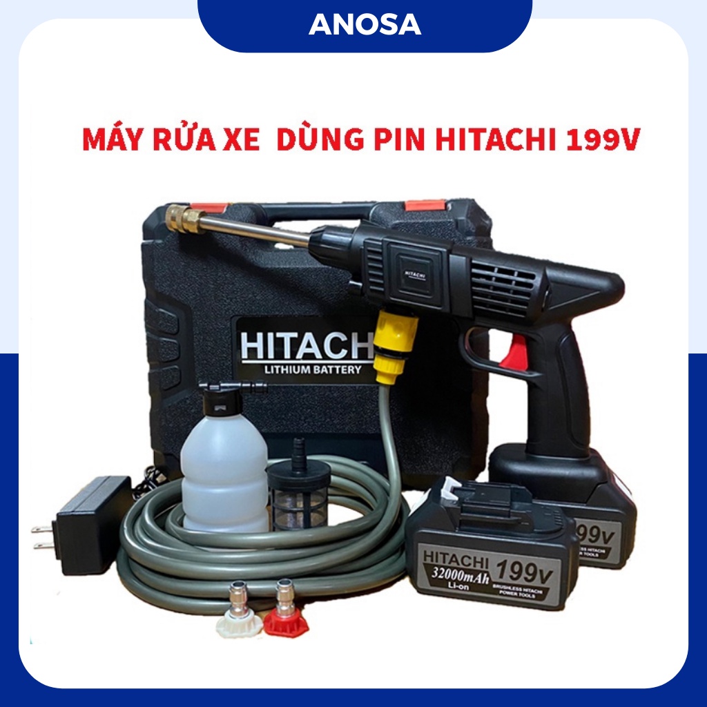 Máy rửa xe dùng pin mini, máy xịt rửa tăng áp Hitachi 199v cao cấp