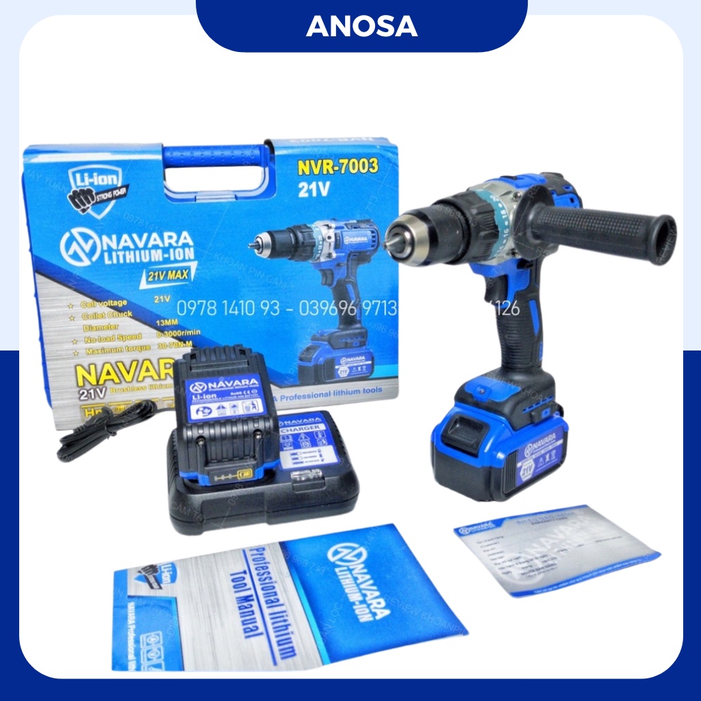 Máy khoan pin Navara 21v NVR 7003, máy khoan cầm tay không chổi than chính hãng