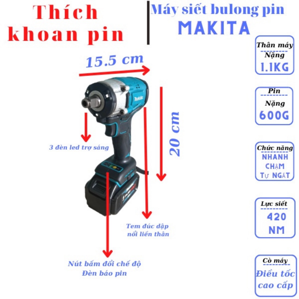 Máy siết bulong Makita 20v không chổi than, máy bắn bulong hàng cao cấp 2022