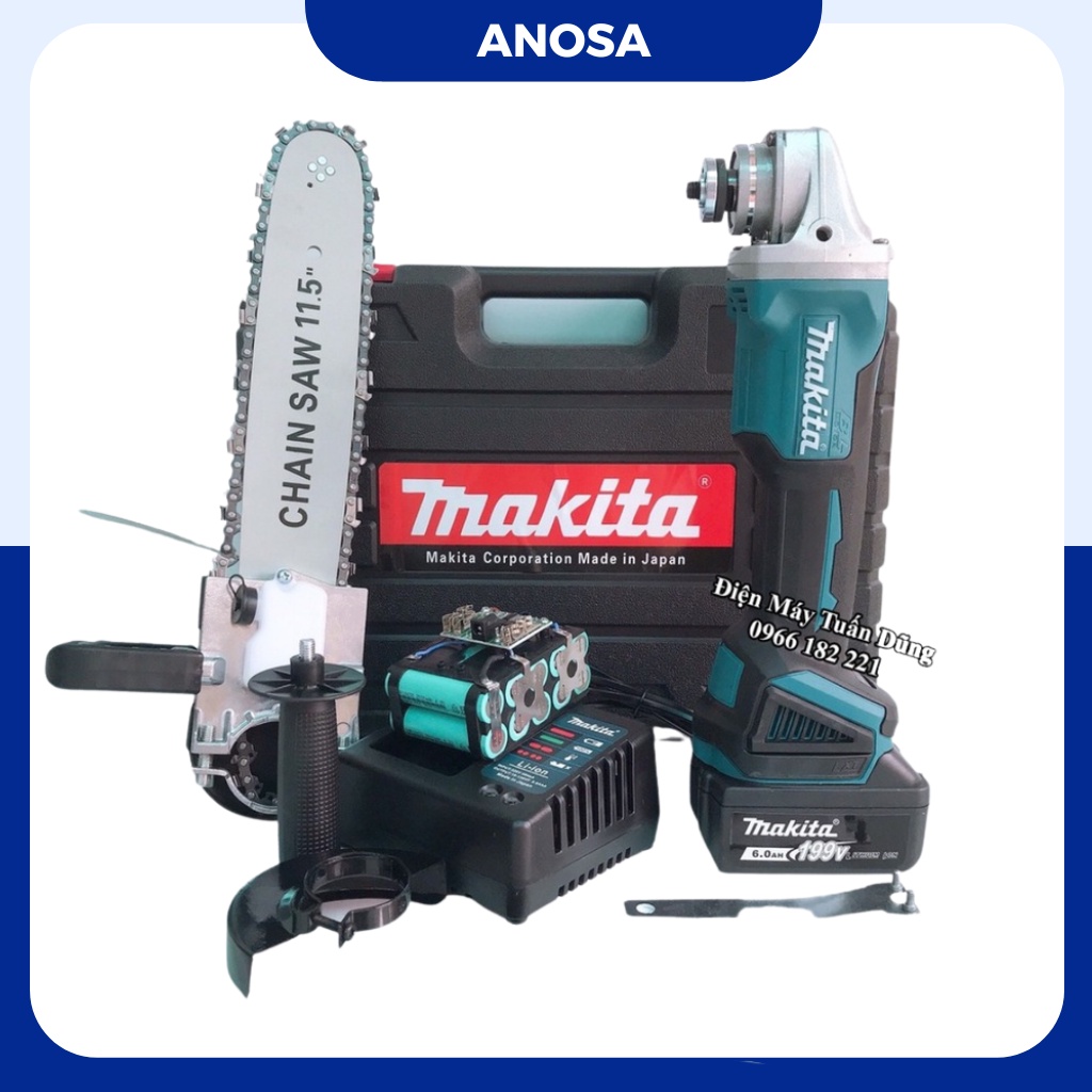 Máy mài pin Makita 199v, động cơ không chổi than, tặng lưỡi cưa xích