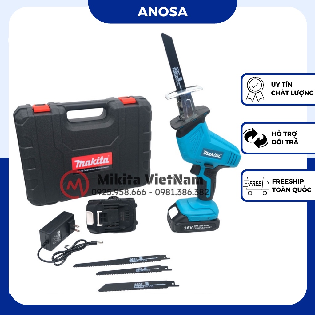 Máy cưa kiếm dùng pin Makita, máy cưa cầm tay tặng kèm 4 lưỡi cưa