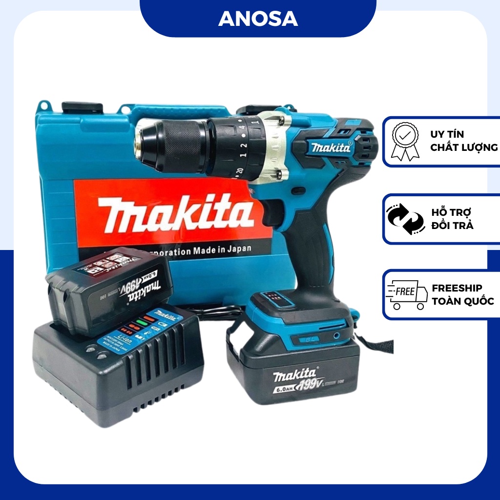 Máy khoan pin Makita 199v cầm tay, pin 10 cell, động cơ không chổi than, 100% dây đồng