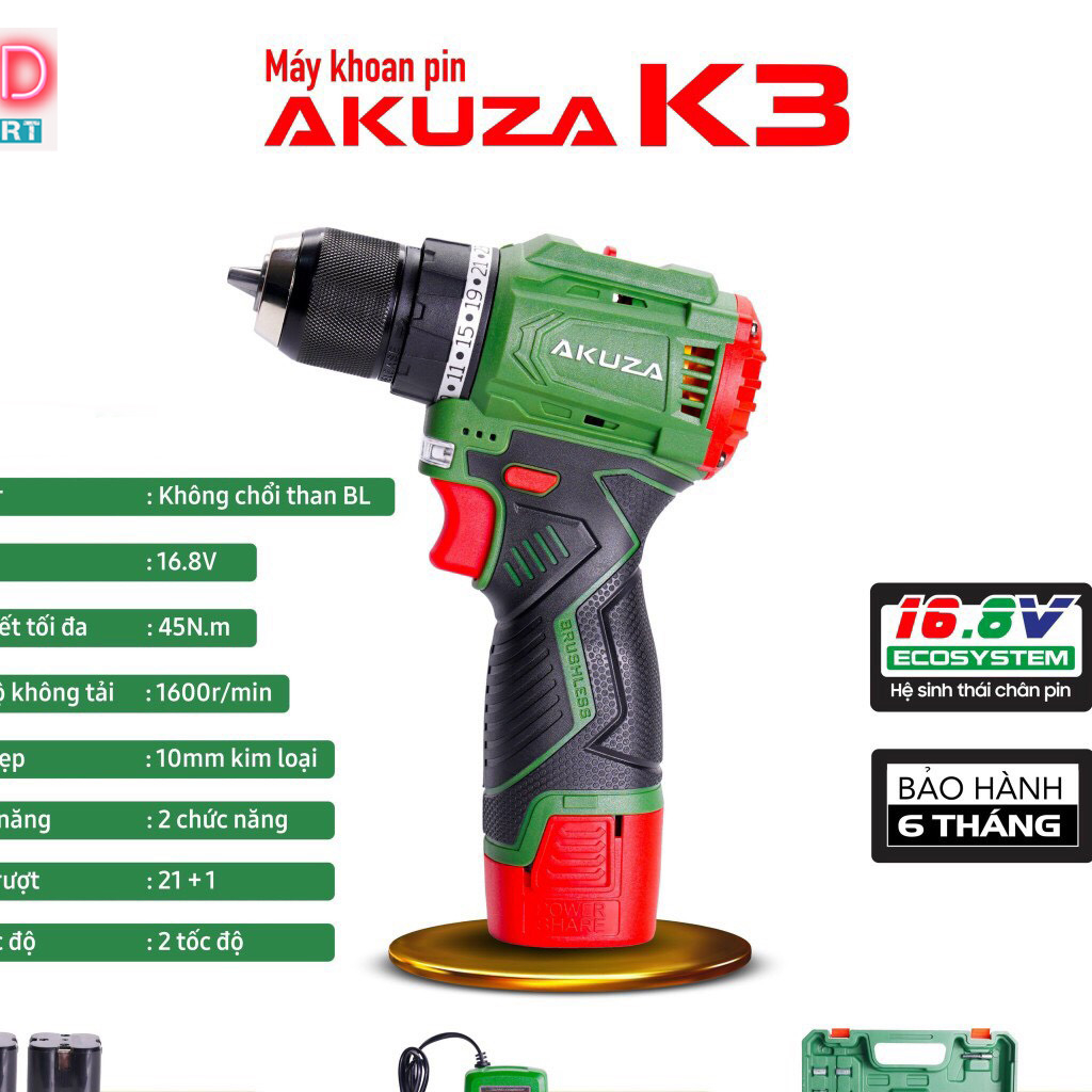 Máy Khoan Dùng Pin 16,8V AKUZA K3 Không Chổi Than Đầu Kẹp Autolook 10mm Pin 4 Cell