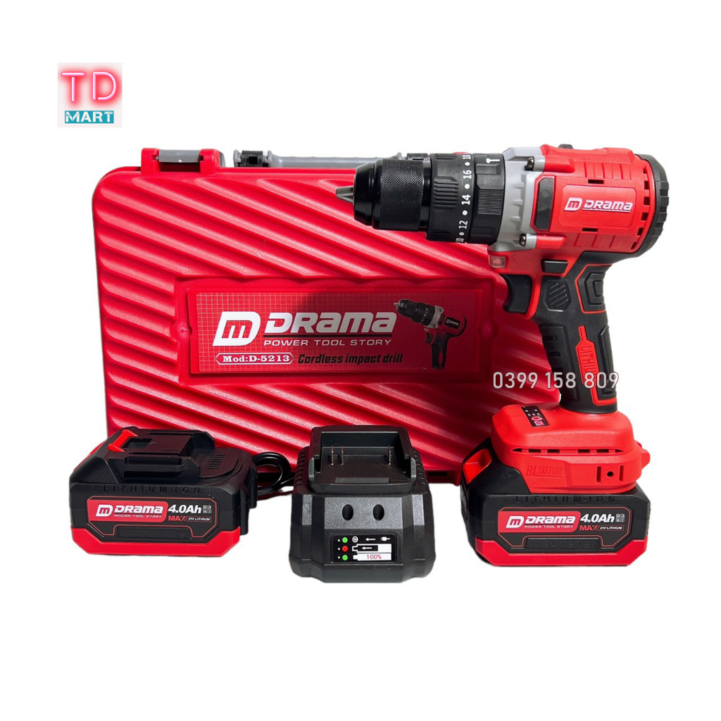 Máy Khoan Pin 3 Chức Năng DRAMA 5123 Đầu 13mm Không Chổi Than Có Khóa Trục