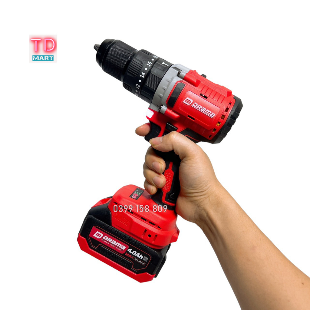 Máy Khoan Pin 3 Chức Năng DRAMA 5123 Đầu 13mm Không Chổi Than Có Khóa Trục
