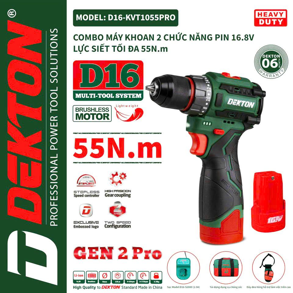 Máy Khoan Đầu Cặp 10MM Dekton D16 - KVT1055PRO / Motor Brushless / Lực Siết 55Nm