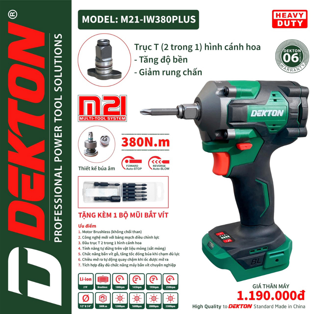 Máy Siết Bulong Dekton 380Nm 2in1 / M21-IW380PLUS / Motor Brushless / Dòng Compact / Chân Pin Makita Phổ Thông