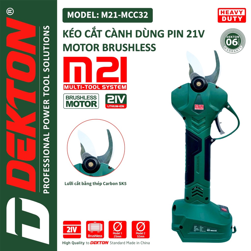 Kéo Cắt Cành Dùng Pin Dekton M21-MCC32 / Có Khóa An Toàn / Motor Brushless / Chân Pin Phổ Thông