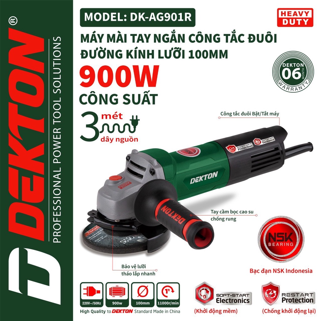 Máy Mài Góc Dekton DK-AG901R / Công Tắc Đuôi / Chức Năng Chống Khởi Động Lại