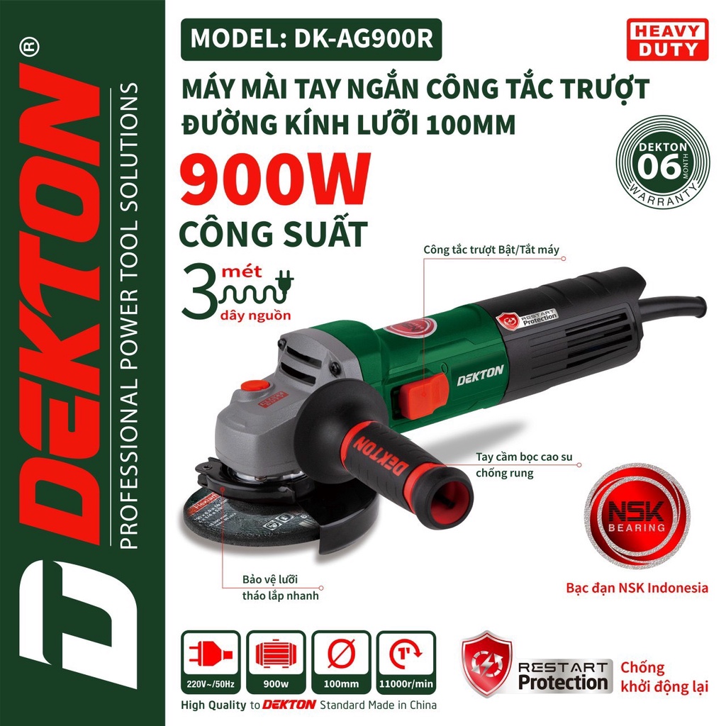Máy Mài Góc Dekton DK-AG900R / Công Tắc Trượt / Chức Năng Chống Khởi Động Lại