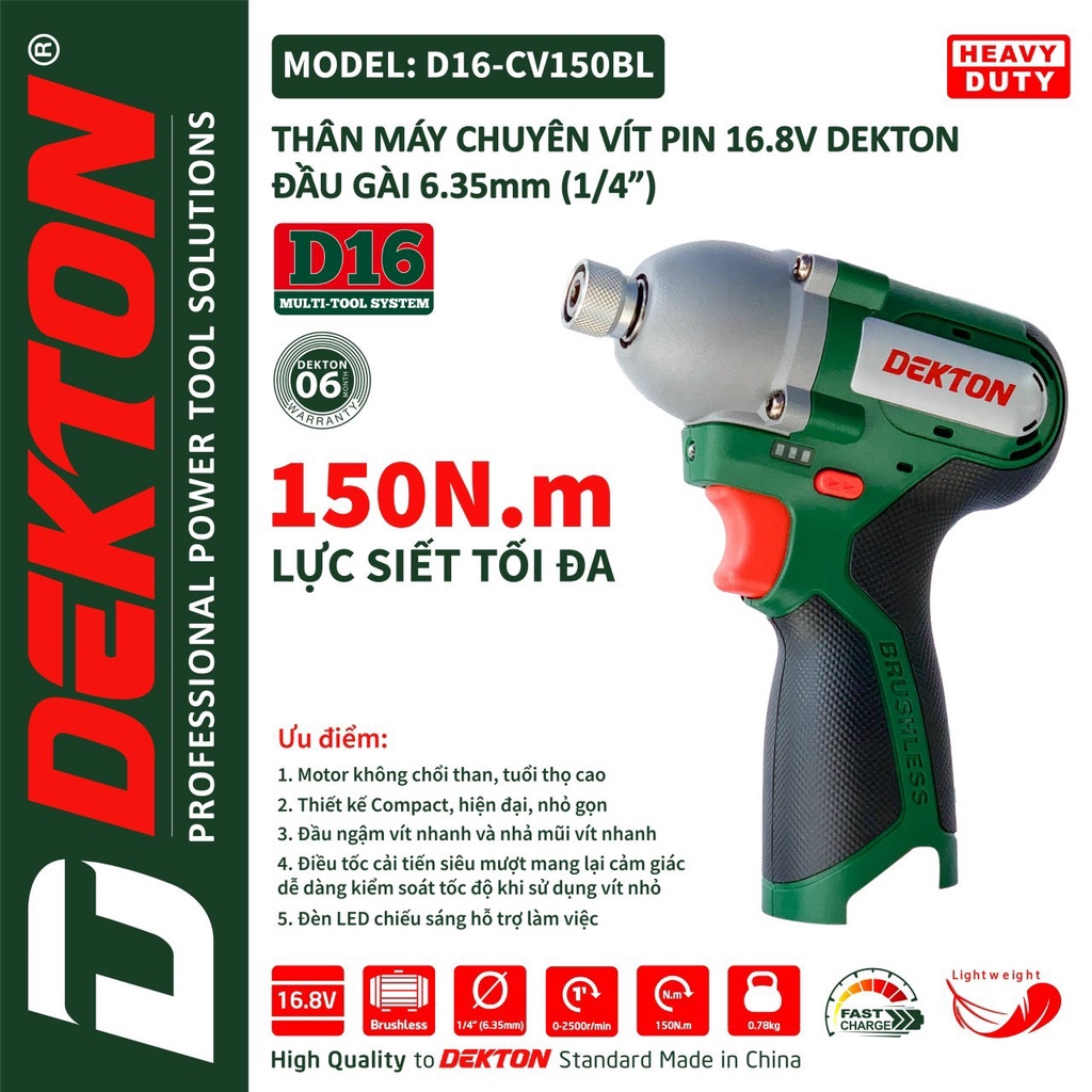 Thân Máy Chuyên Vít Dùng Pin 16,8V Dekton D16-CV150BL - Motor Brushless - Lực Siết 150Nm