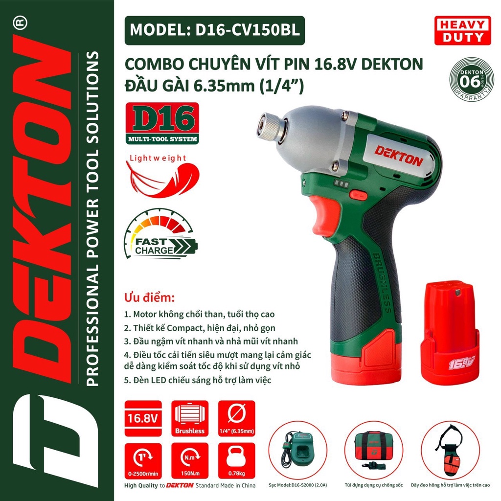 Máy Chuyên Vít Dùng Pin 16,8V Dekton D16-CV150BL - Motor Brushless - Lực Siết 150Nm