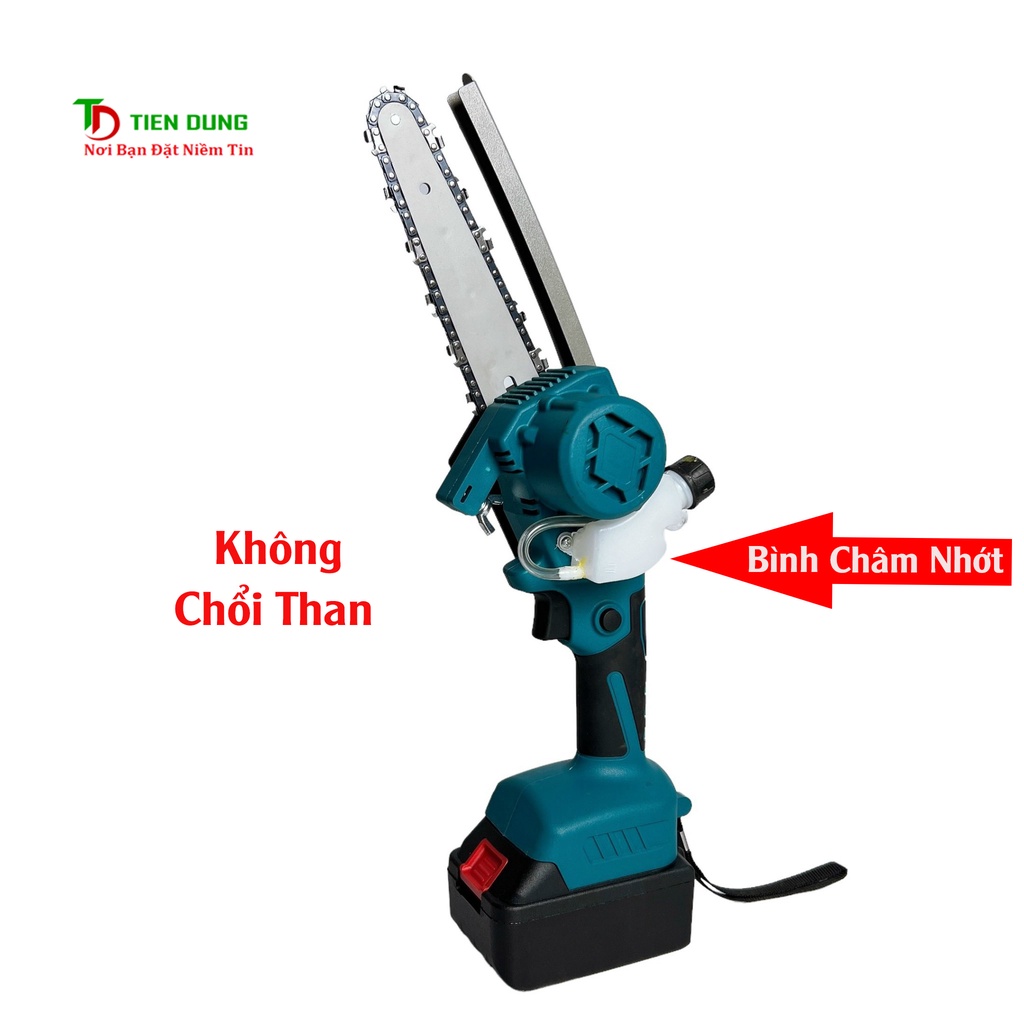 Máy Cưa xích pin 21V 10 cell không chổi than có bình bơm nhớt, Lam 6 Inch