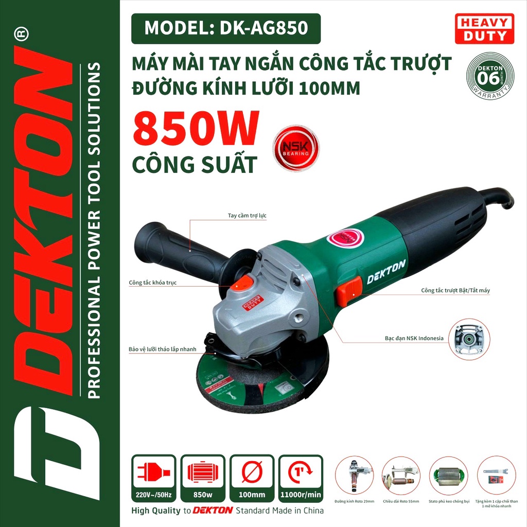 Máy Mài Góc Dekton DK-AG850 - Công Suất 850W - Đá Cắt 100mm - Công Tắc Trượt