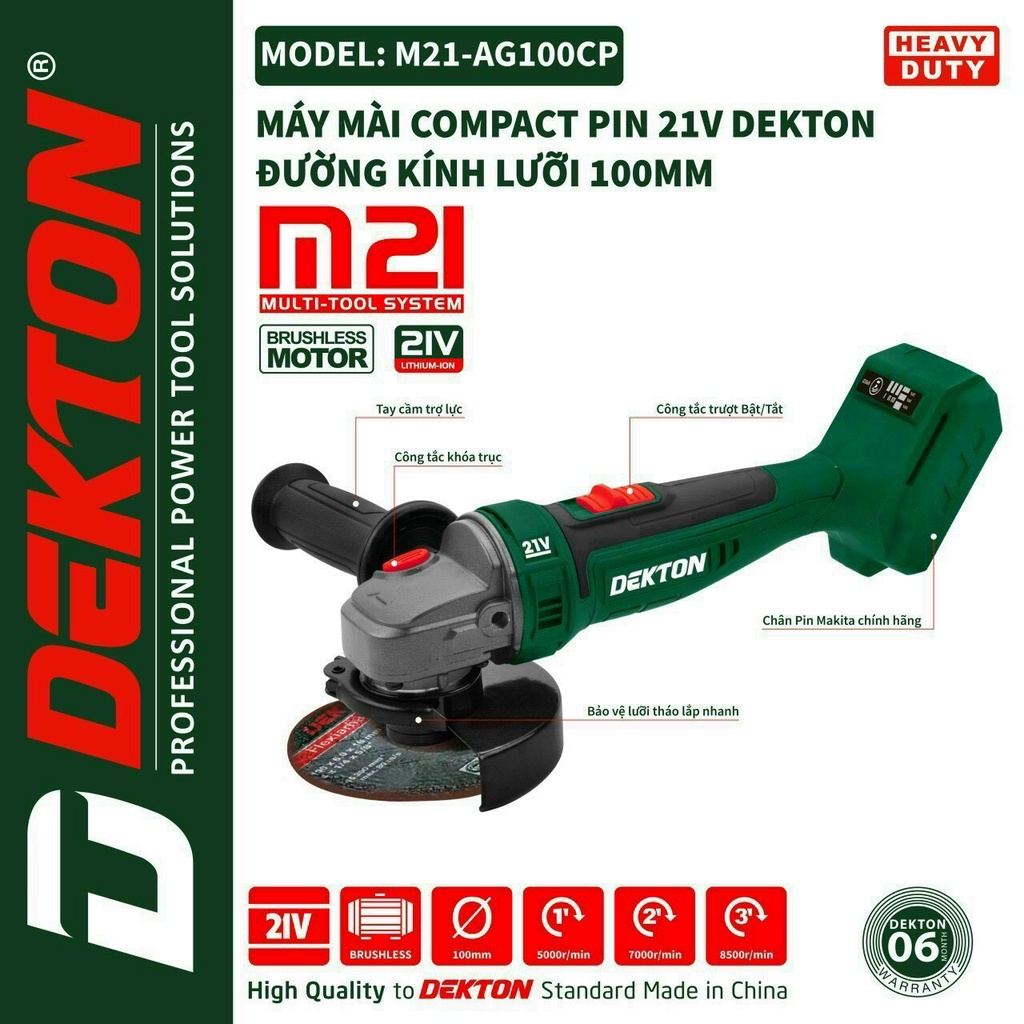 MÁY MÀI PIN DEKTON MẪU COMPACT M21-AG100CP KHÔNG CHỔI THAN