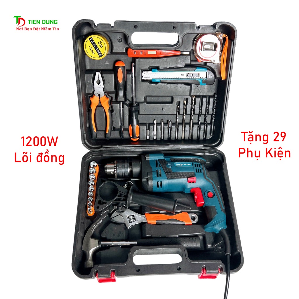 Vali Máy Khoan GSB 13RE 1200W lõi đồng, có búa khoan tường, tặng bộ phụ kiện 29 chi tiết
