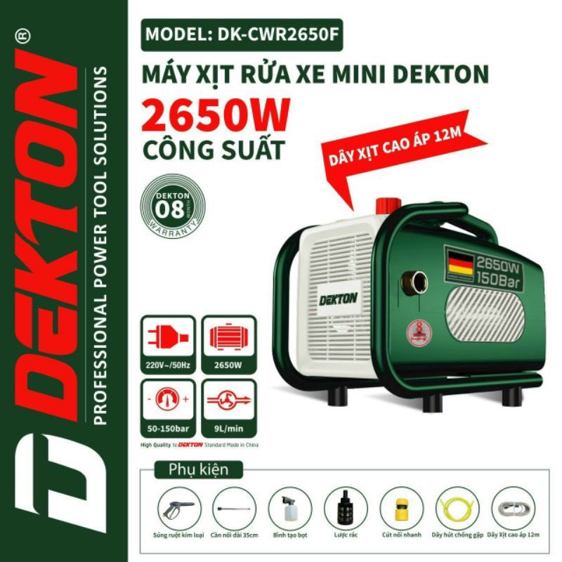 Máy rửa xe áp lực cao Dekton - DK CWR2650F - 100% Lõi Đồng Có Chỉnh Áp