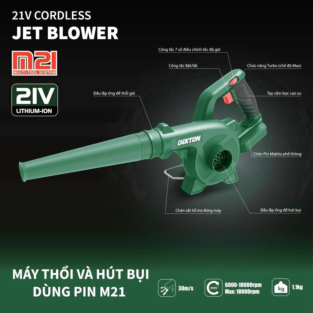 Máy thổi bụi bằng pin Dekton M21-TB01 Chân Pin Phổ Thông, 6 Tốc Độ