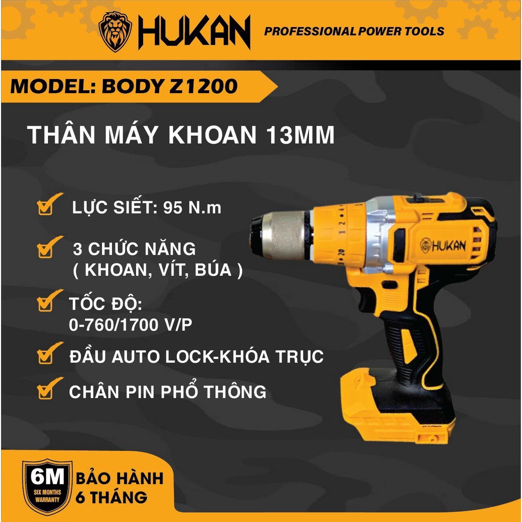 Thân máy Khoan pin HUKAN Z1200 Lực Quay 90Nm, Không Chổi Than, Đầu Kẹp 13mm