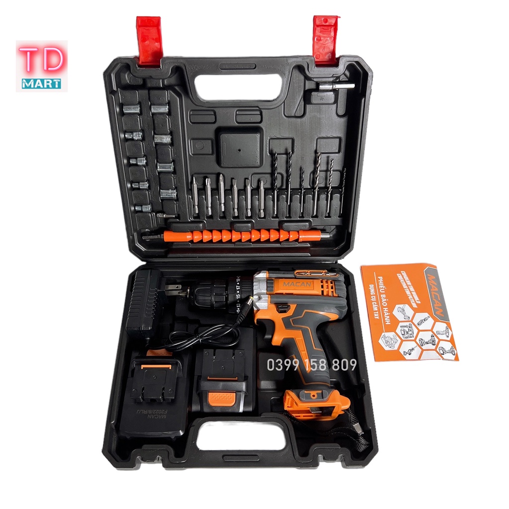 Máy khoan pin macan 21V 3 chức năng tặng kèm bộ phụ kiện 24 chi tiết