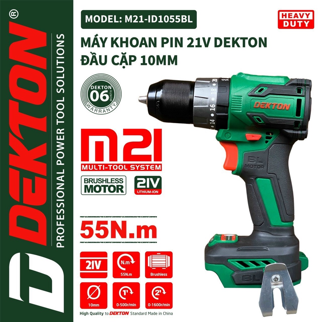 Máy Khoan pin DEKTON 3 Chức Năng / Đầu Cặp 10mm / M21-ID1055BL / Motor Brushless / Lực Xoắn 55N.m