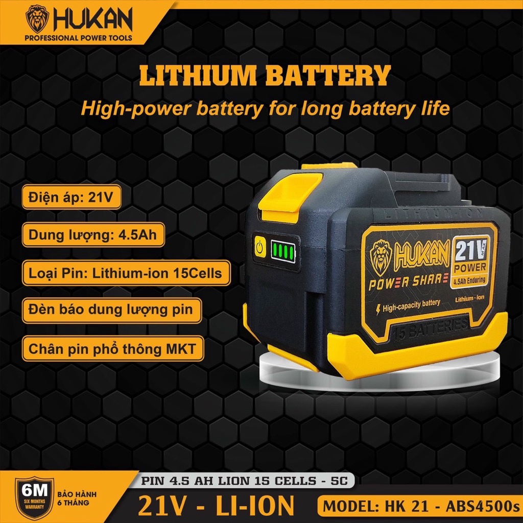 Pin HUKAN 15 cell 21V dung lượng cao chân pin phổ thông vỏ ABS chống va đập