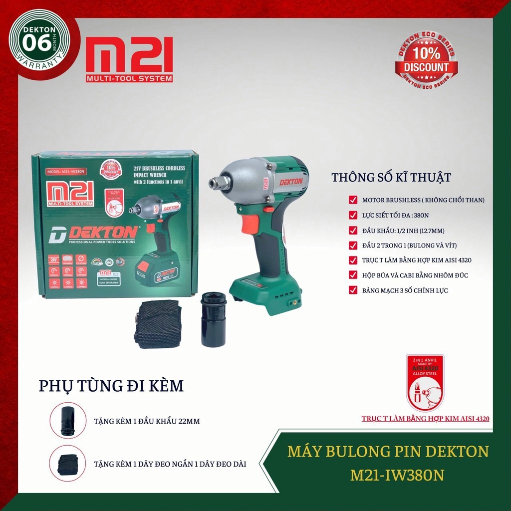 Máy siết bulong 2 trong 1 Dekton IW380N - Motor Brushless - Lực Siết 380N.m