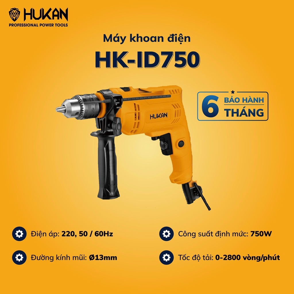 Máy khoan điện HUKAN 13mm HK-ID750 có chức năng búa khoan tường