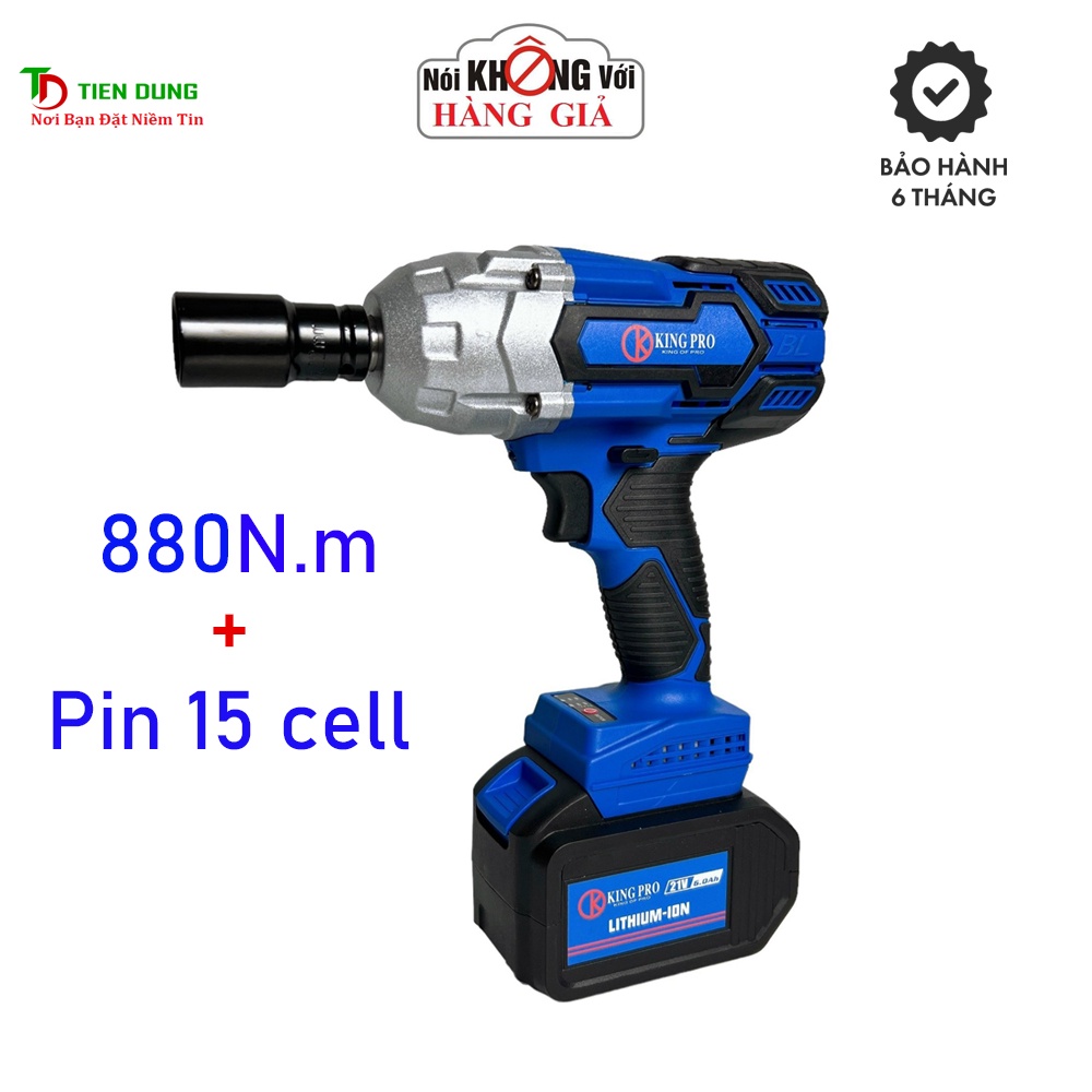Máy Siết Bulong KingPro Không Chổi Than, Lực Siết 880Nm 2 Pin 15 Cell