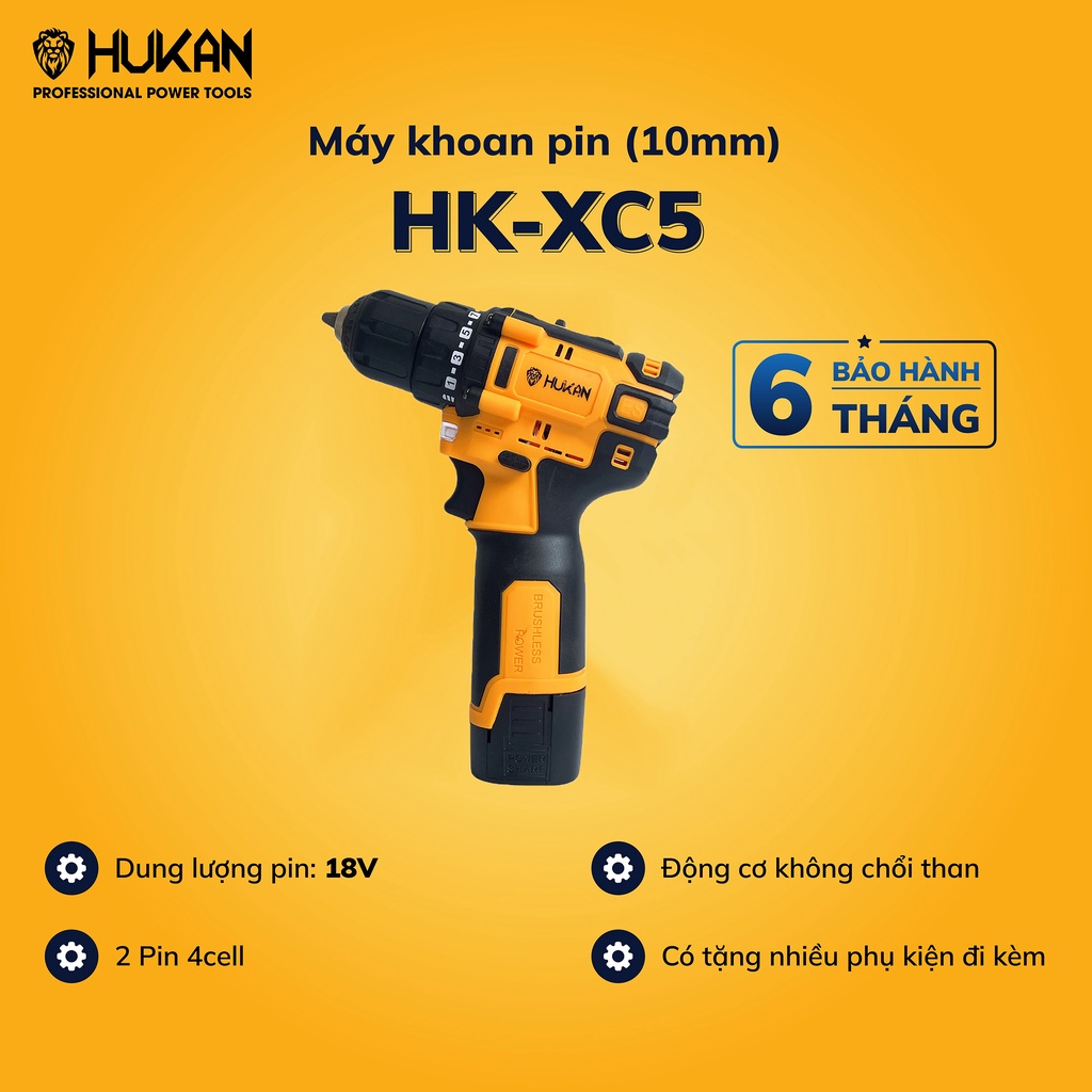 Máy Khoan Dùng Pin 18V Hukan HK-XC5 Không Chổi Than Tặng Bộ Phụ Kiện 24 Chi Tiết