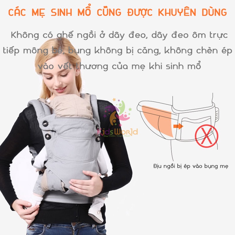 Địu em bé KidsWorld 360 Cool Air Mesh trợ lực 4 tư thế thoáng khí, có đỡ cổ, mũ che đầu cho bé từ 3 đến 36 tháng