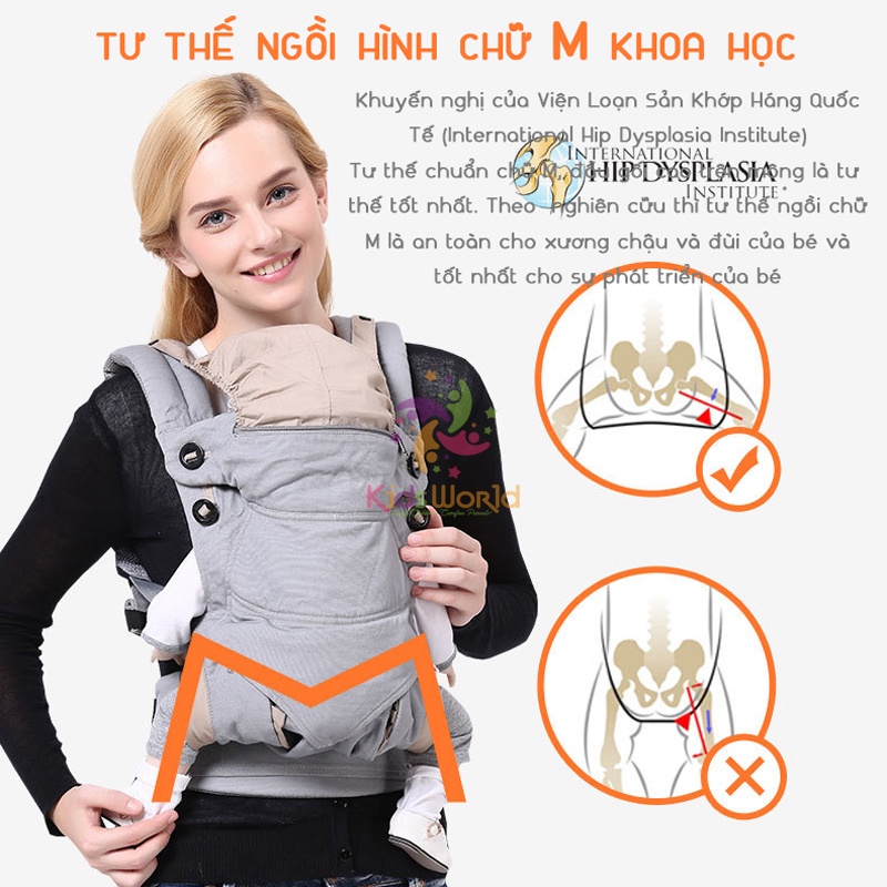 Địu em bé KidsWorld 360 Cool Air Mesh trợ lực 4 tư thế thoáng khí, có đỡ cổ, mũ che đầu cho bé từ 3 đến 36 tháng