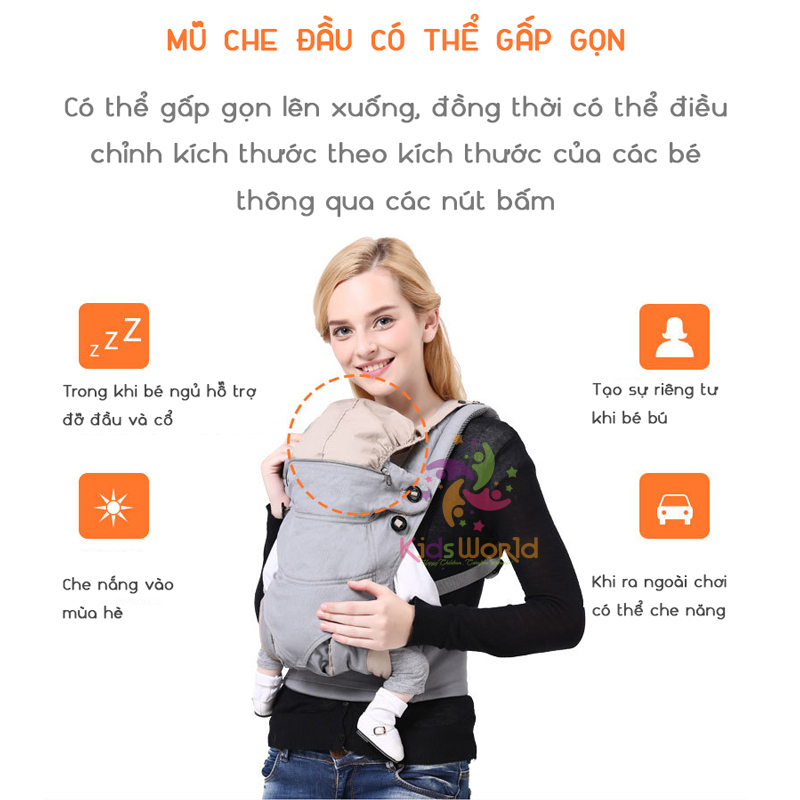 Địu em bé KidsWorld 360 Cool Air Mesh trợ lực 4 tư thế thoáng khí, có đỡ cổ, mũ che đầu cho bé từ 3 đến 36 tháng