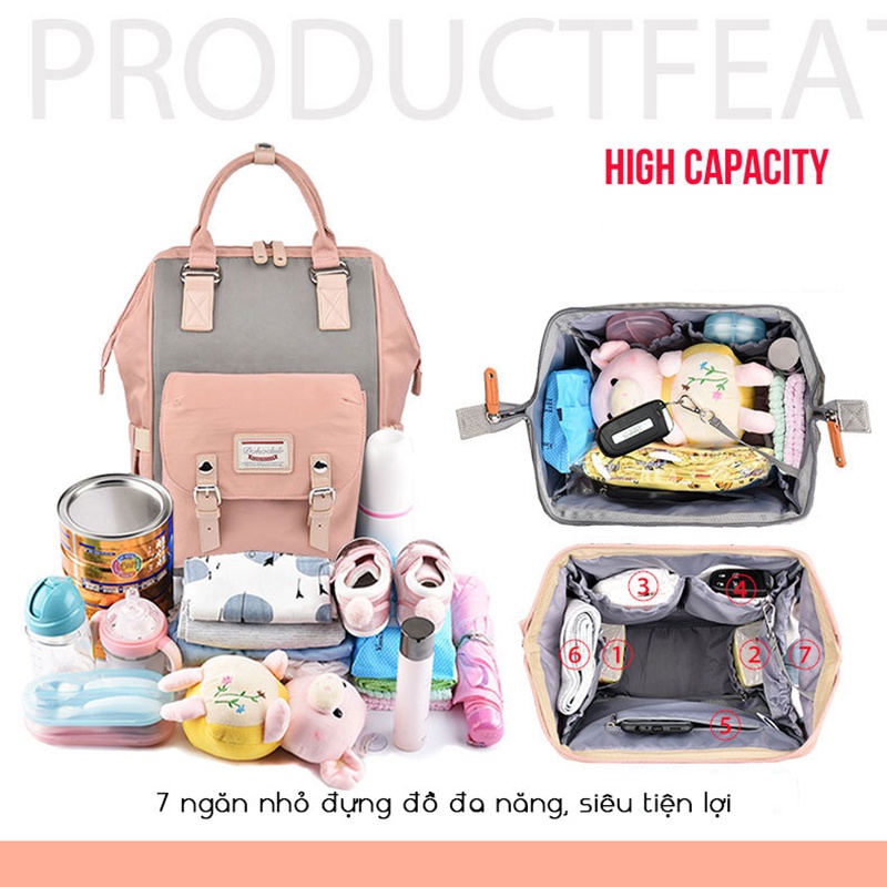 Balo bỉm sữa túi giữ nhiệt bình sữa, chống thấm, 13 ngăn đựng đồ cho mẹ và bé KidsWorld Dokoclub mẫu mới