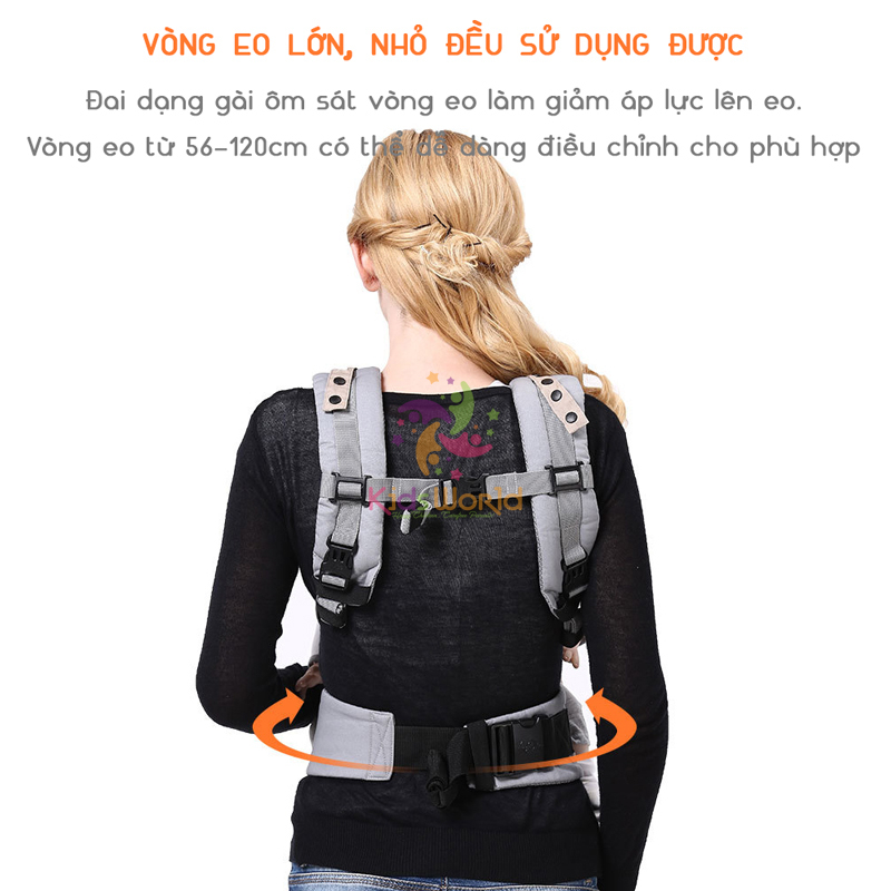 Địu em bé trợ lực 4 tư thế KidsWorld 360 Cool Air Mesh thoáng khí có đỡ cổ, mũ che đầu, địu cho bé từ 3 tháng - 36 tháng