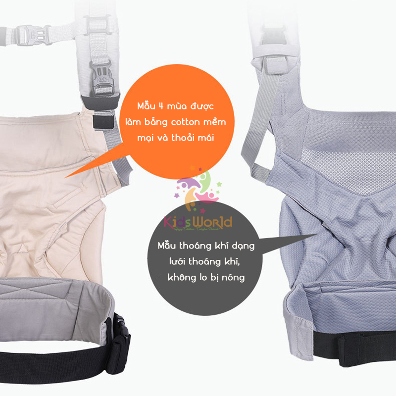 Địu em bé trợ lực 4 tư thế KidsWorld 360 Cool Air Mesh thoáng khí có đỡ cổ, mũ che đầu, địu cho bé từ 3 tháng - 36 tháng