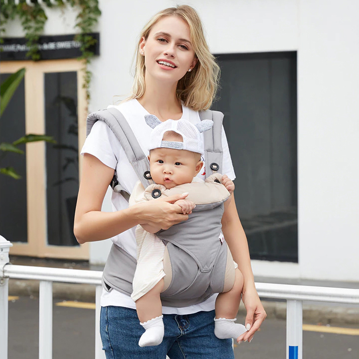 Địu em bé trợ lực 4 tư thế KidsWorld 360 Cool Air Mesh thoáng khí có đỡ cổ, mũ che đầu, địu cho bé từ 3 tháng - 36 tháng