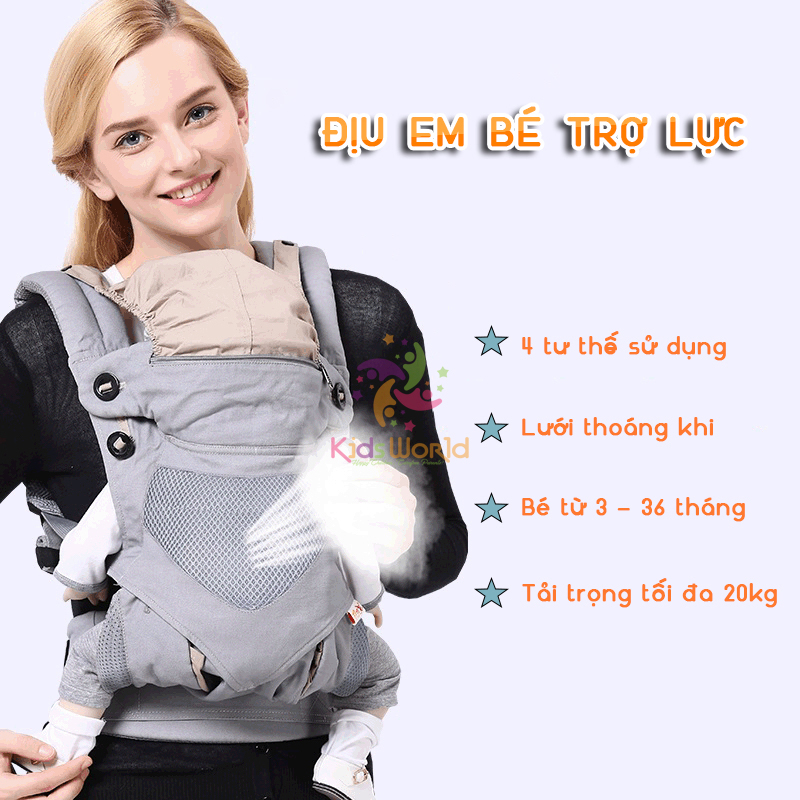 Địu cho bé Kidsworld Omni Breeze trợ lực 4 tư thế với vải SoftFlex siêu mát,có mũ che cho bé từ sơ sinh đến 4 tuổi